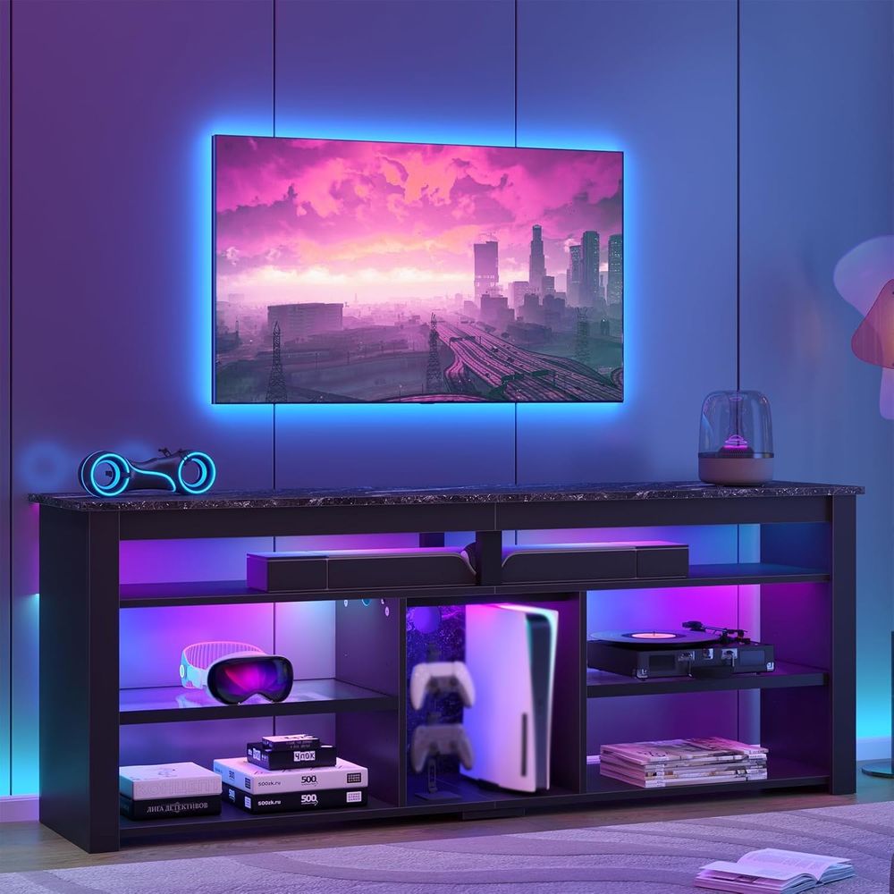 Gaming Console Entertainment Center - 70-Zoll-TV-Ständer mit hohem Entertainment-Center, LED-Beleuchtung, Stauraum