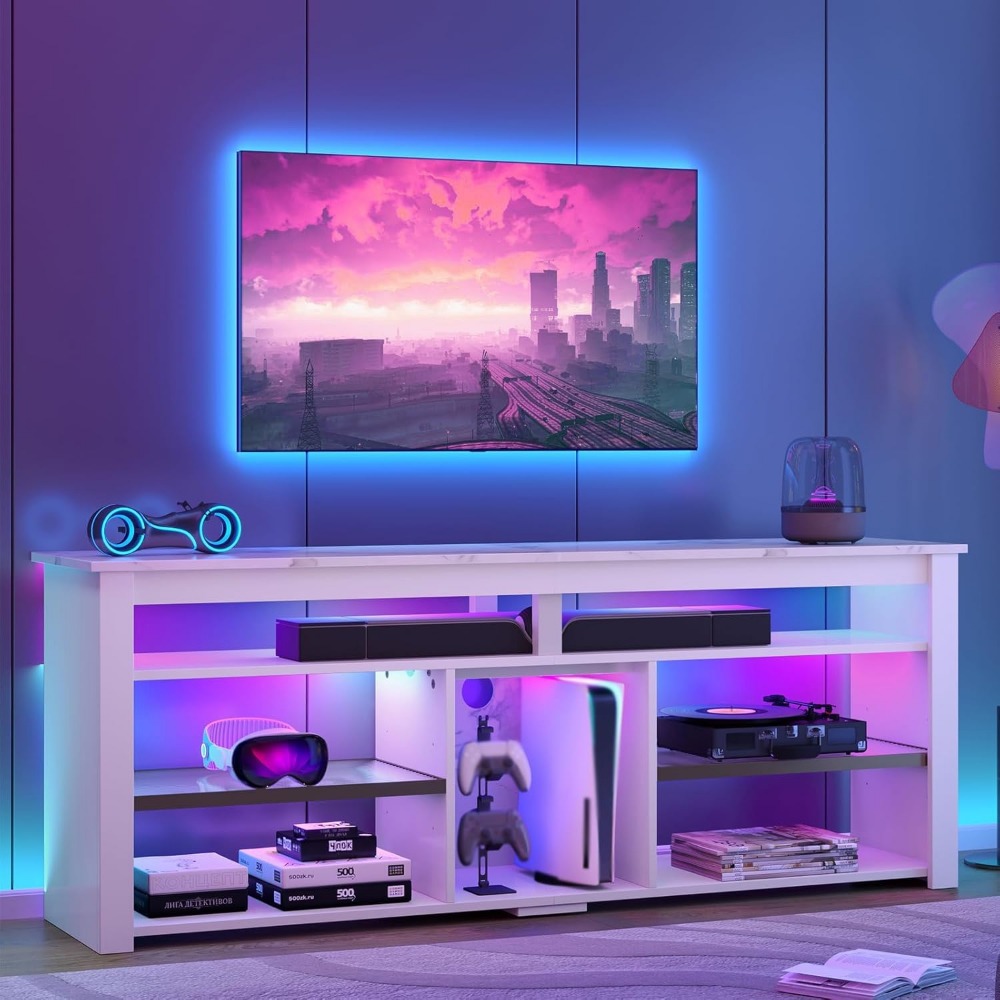 Gaming Console Entertainment Center - 70 Zoll TV-Ständer mit LED-Beleuchtung, Stauraum