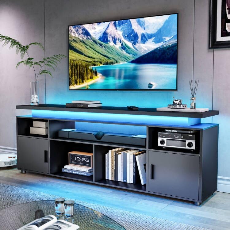 Gaming Console Entertainment Center - TV-Ständer, Unterhaltungscenter mit LED-Beleuchtung und Schrank